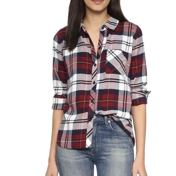 Rails Hunter Flannel Button Down Shirt Burgundy Blue White Plaid Print Size M - Picture 12 of 12